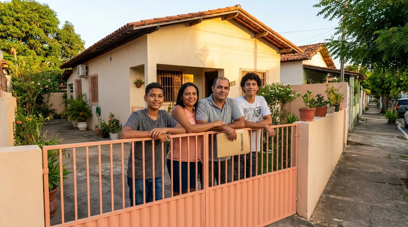 Família reunida no portão de sua casa