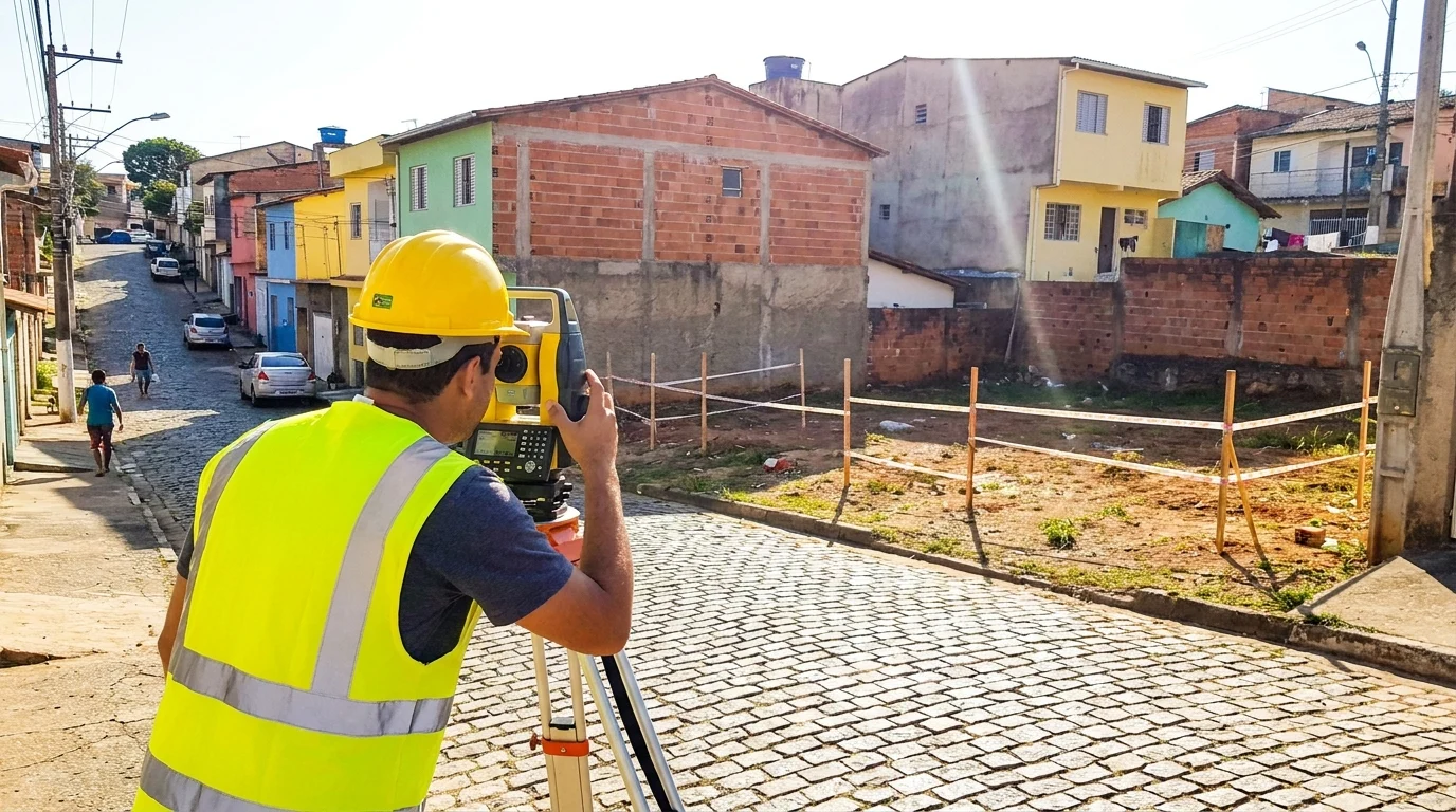 Profissional realizando levantamento topográfico de uma área urbana